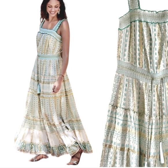 Soft Surroundings Maxi Boho Peasant Dress Teal Cream Size Small - Picture 8 of 9